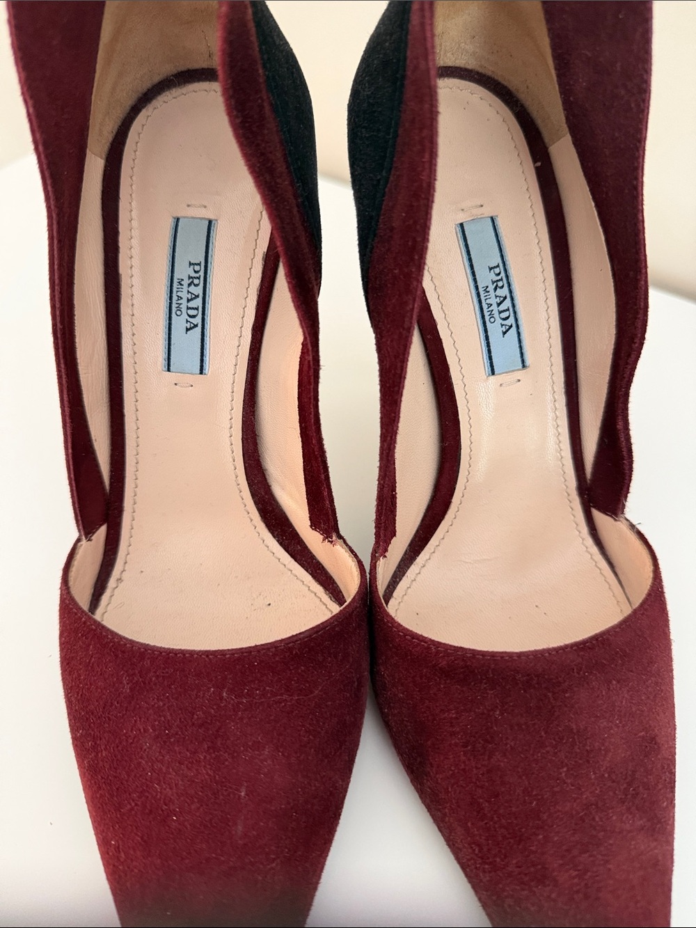 Prada Burgundy and Black Suede Pointed Stiletto Pumps - Picture 6 of 6